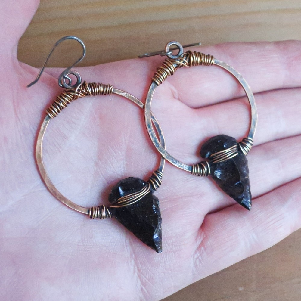 Obsidian Arrowhead Hoop Earrings | Bronze & Copper