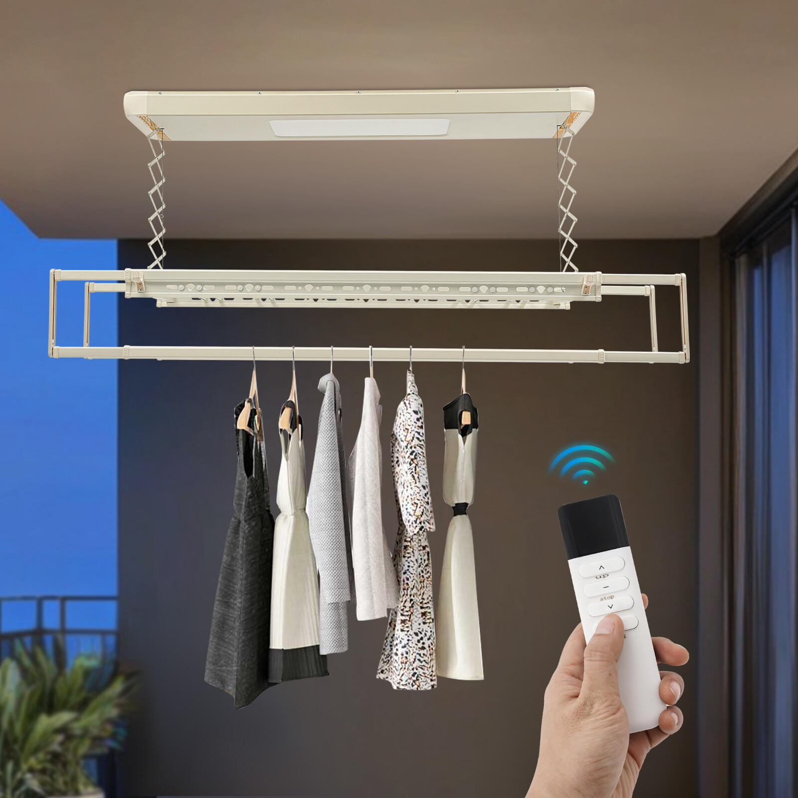 8 Rods Ceiling-mounted Clothesline Resealable Vertical Drying Rack Led Light 24W