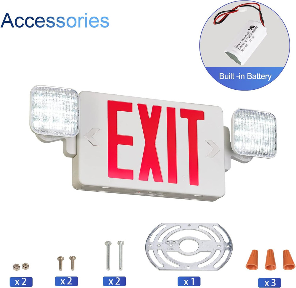 Red Exit Sign with Emergency Lights, 1.0 Meter Plug in Exit Sign with Battery Ba