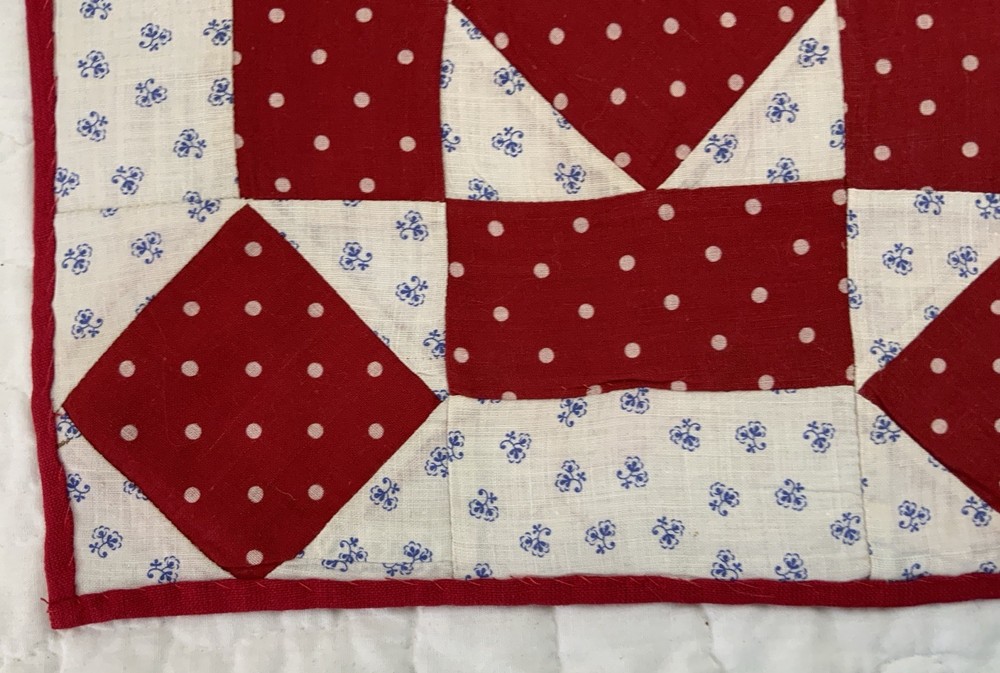 Antique Vintage Patchwork Quilt Table Topper, Squares & Triangles, Red, Blue