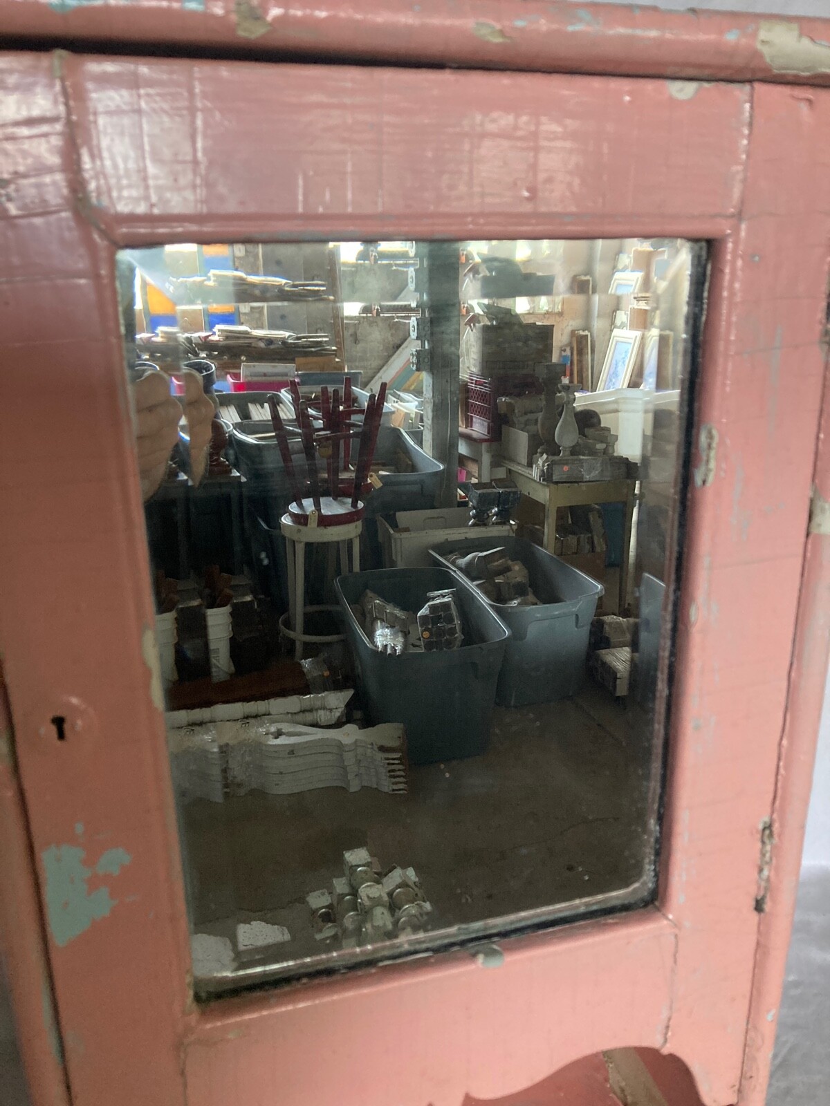 Shabby Antique Oak Medicine Cabinet Beveled Mirror Pink Cottage Chic Vtg 47-26E