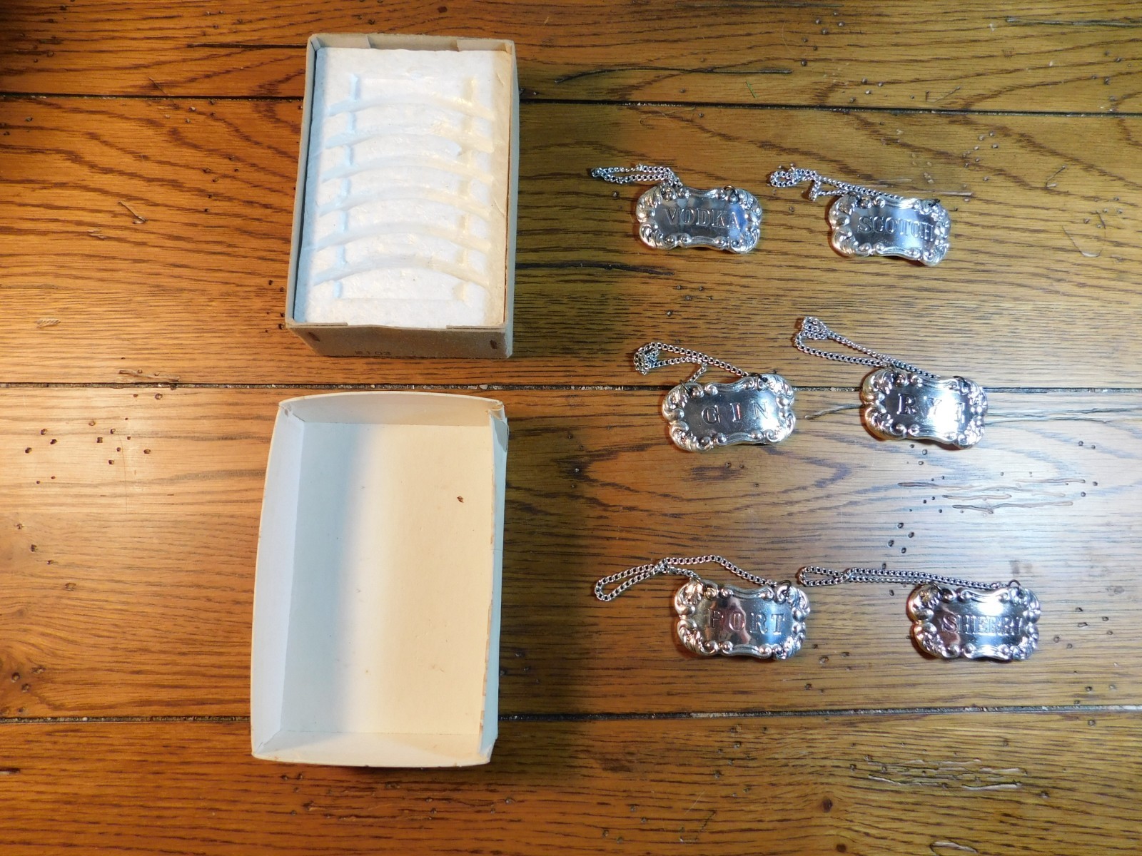 Vintage Set of 6 Liquor Bottle Decanter Label Tags Silver-plated Japan 1967-76