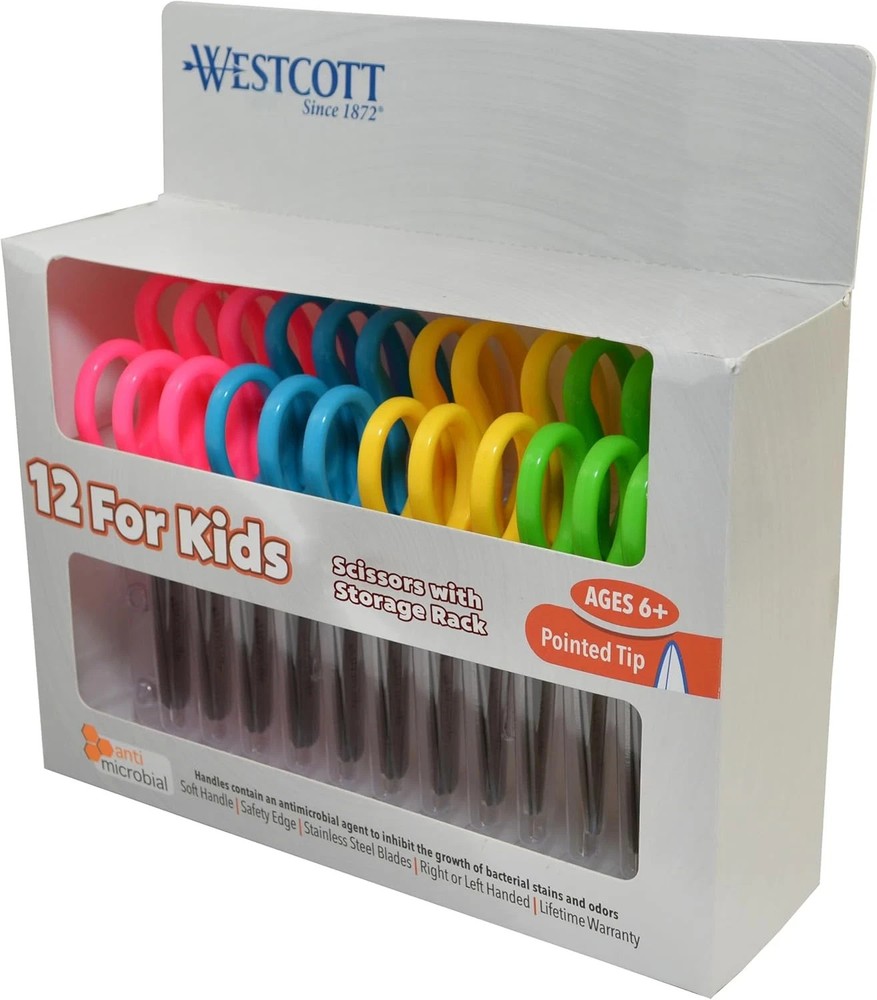 Westcott Kids Scissors 12-Pack w/ Storage Rack – Multi-Color – New in Box