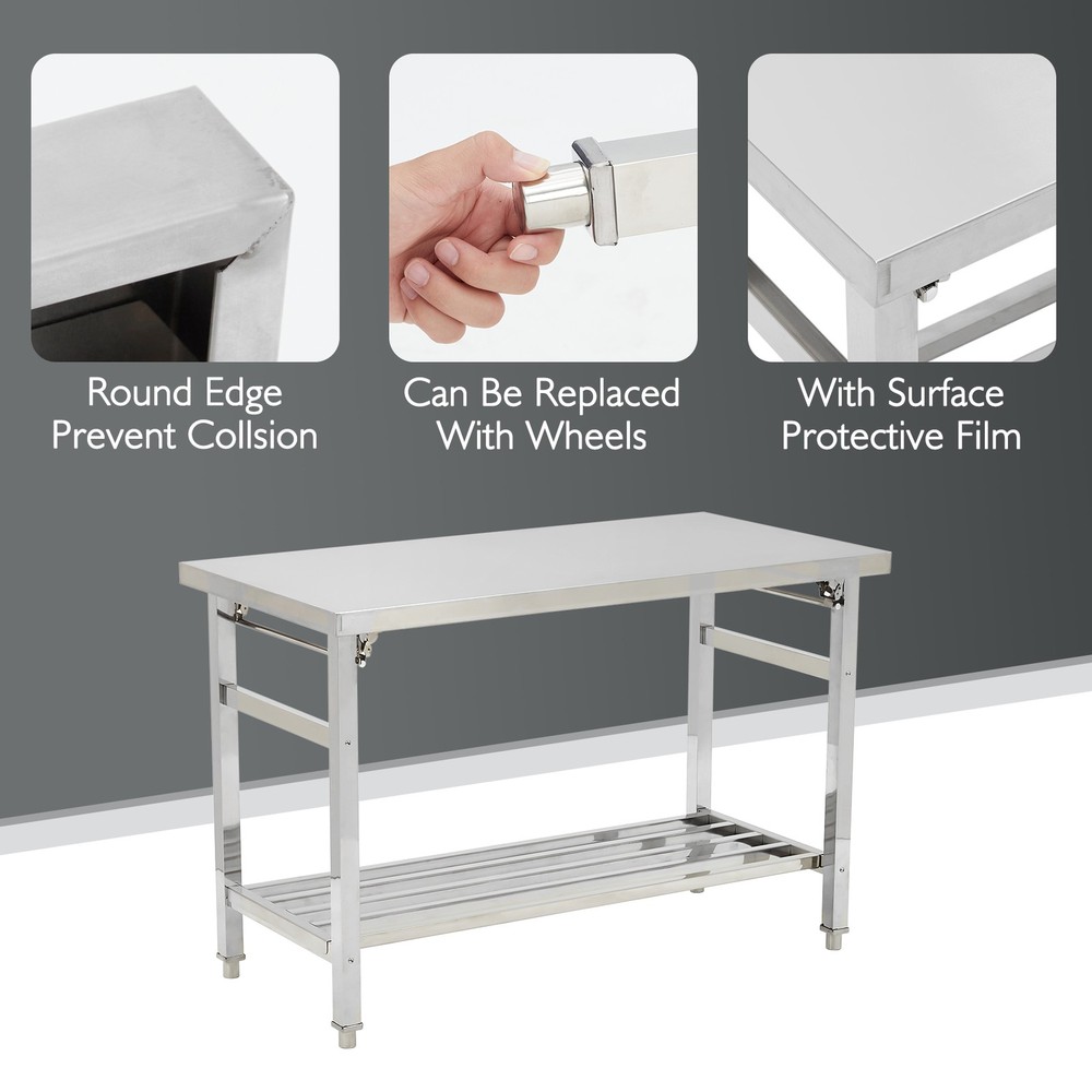 Folding 47"x24" Kitchen Restaurant Work Prep Table Stainless Steel w/ Undershelf