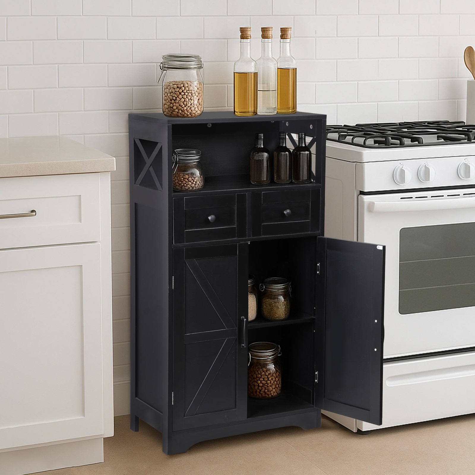 Black Storage Cabinet with Doors & Drawers Freestanding Kitchen Pantry Cabinet