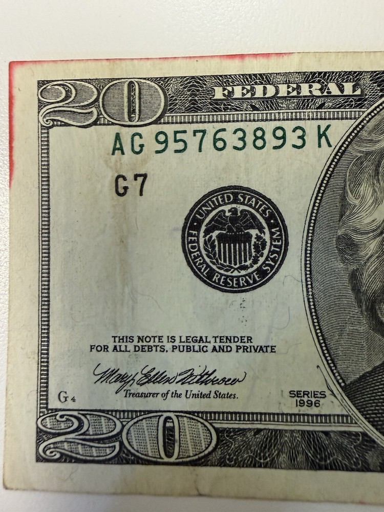 1996 $20 Error . Circulated Note . Offset Printing ,Seal And Serial Number.