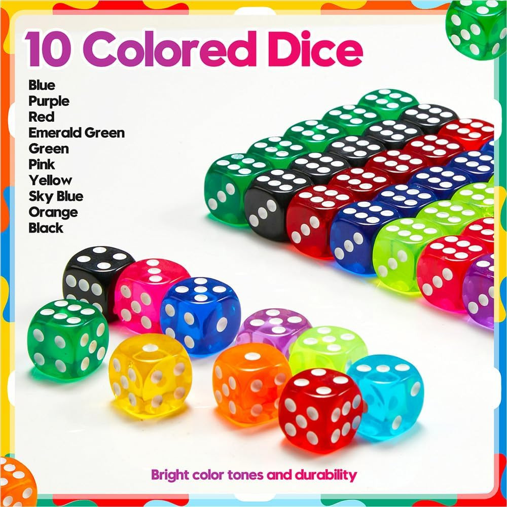 100Pieces Colored Dice Set Standard Bulk Colors Dices Classroom Dice Translucent
