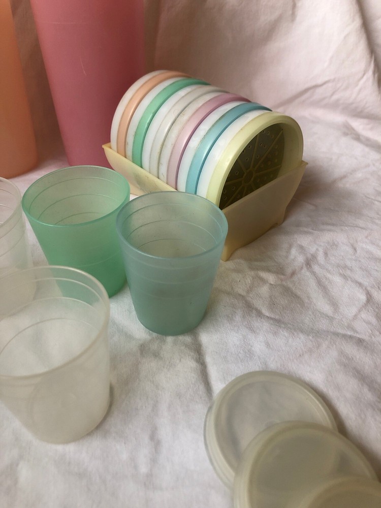 Vintage Pastel Coasters Cups Midgets Lids Tupperware