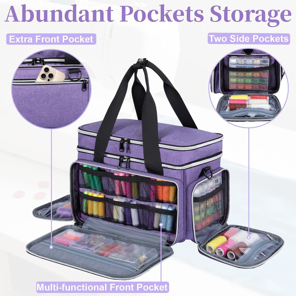 Purple Sewing Machine Case & Double Layer Organizer with Strap & Handle