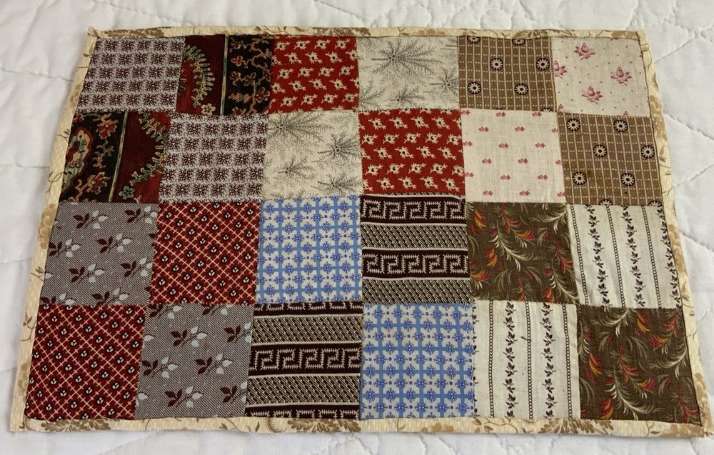 Antique Vintage Patchwork Quilt Table Topper, Four Patch, Early Calicos, Brown