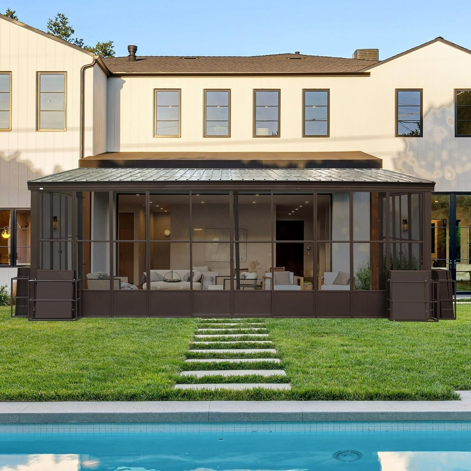 Domi 12x20FT Wall-Mounted Sunroom Gazebo, Steel Roof, Moveable PC Screen, Patio