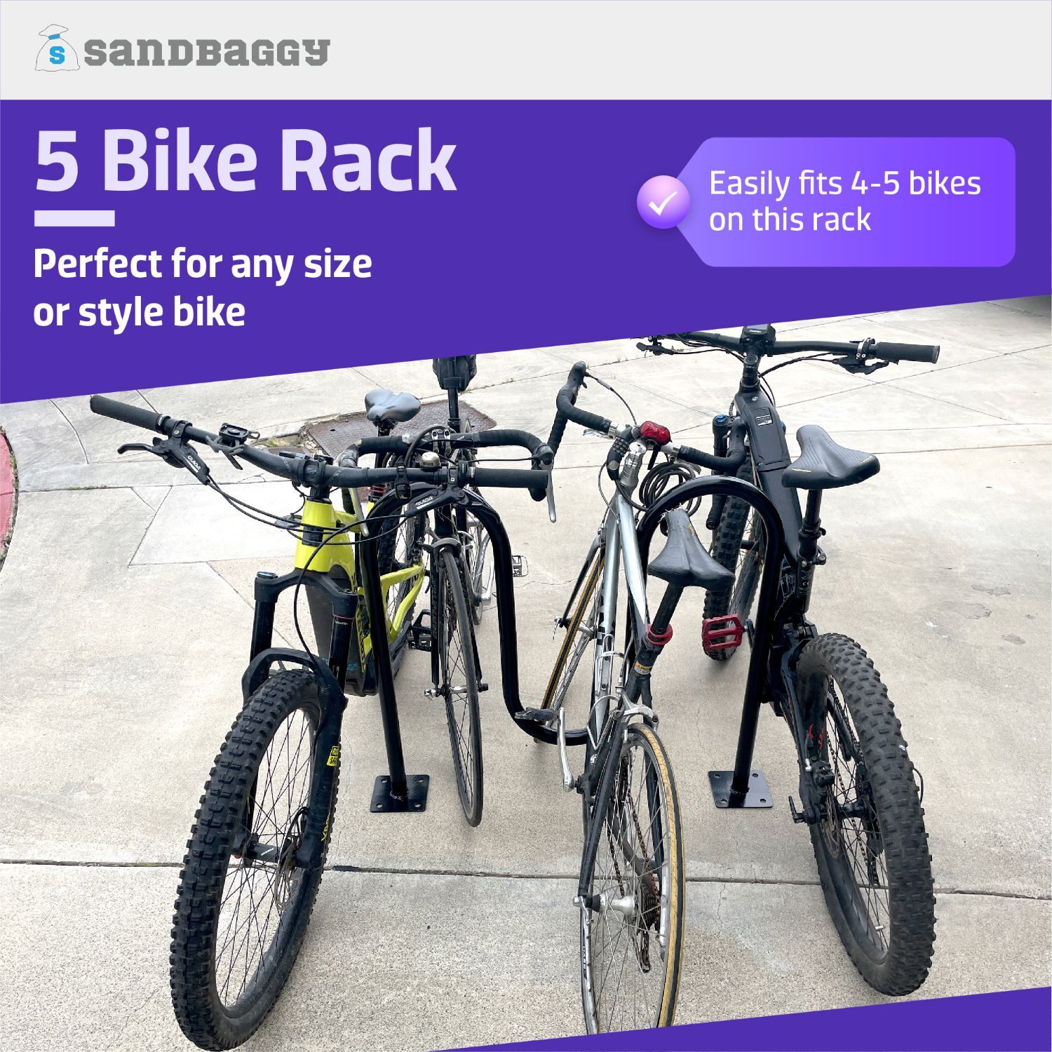 Sandbaggy Commercial Dual Loop Wave Bike Racks - In Ground - 5 Bike Capacity