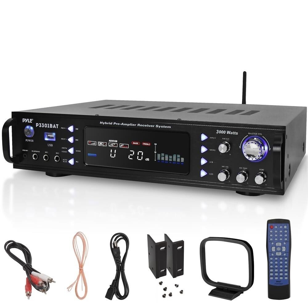 Pyle Hybrid Amplifier Receiver, 3000W / AUX,USB,RCA Inputs - Black P3301BAT