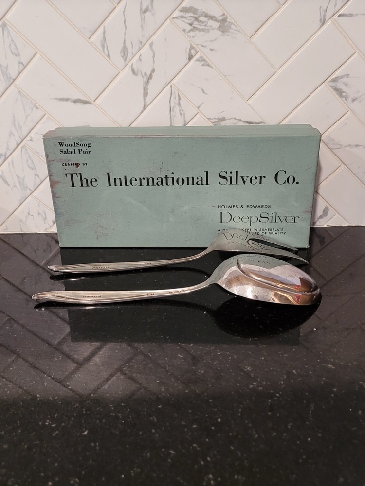 1958 WOODSONG Holmes & Edwards Deep Silver Salad Pair Spoon/fork • Original Box