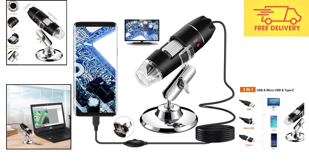 Compact USB Microscope 1.2"x1.2" for 40-1000X Magnification with Adjustable LED
