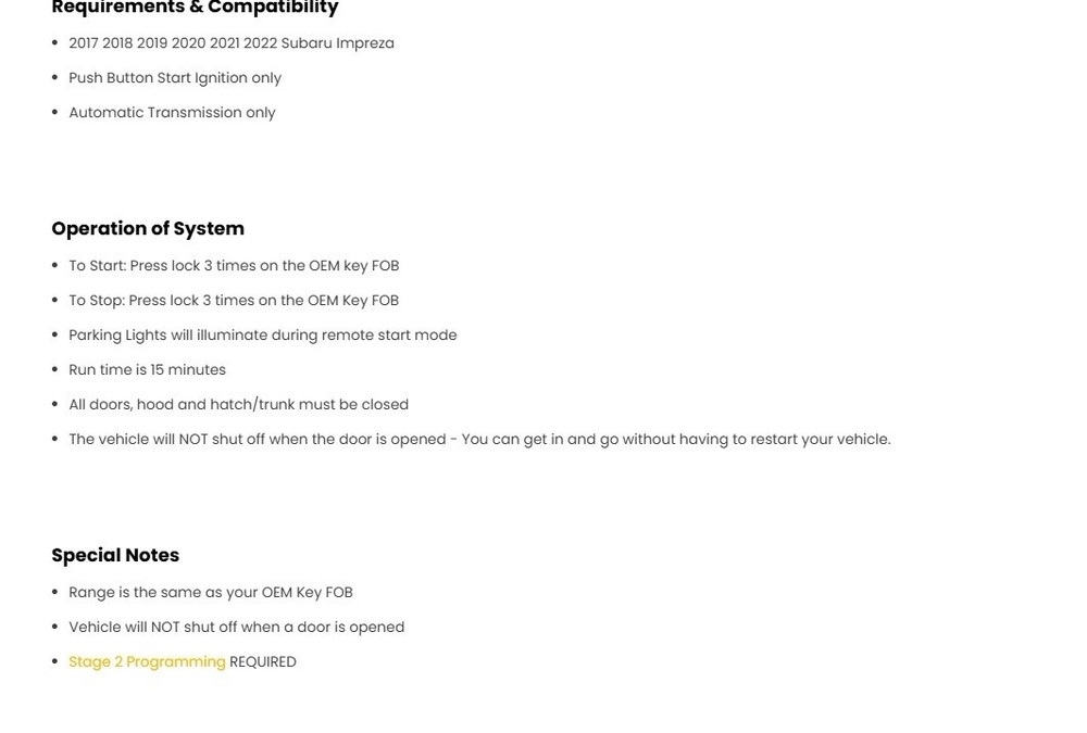 2017-2022 Subaru Impreza Plug Play Remote Start Kit Push Button Start