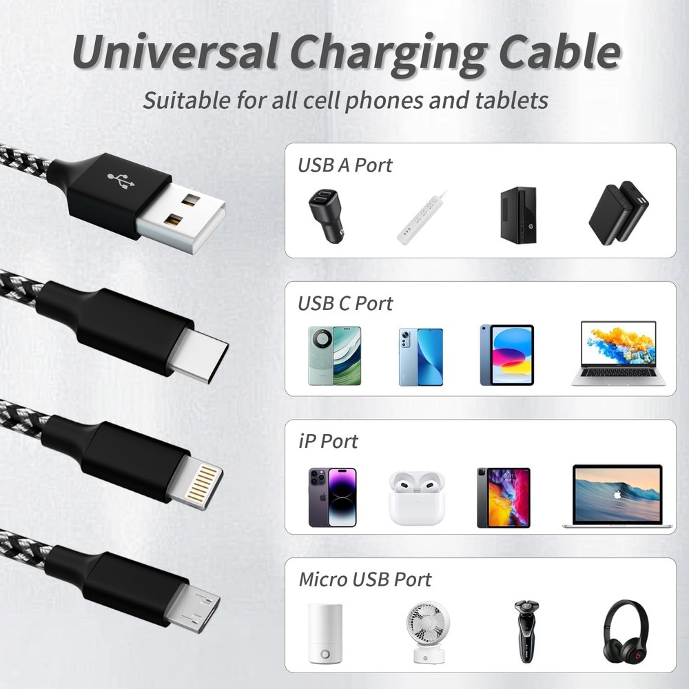IDISON Multi Charging Cable(2Pack 4FT), 3 in 1 USB 2Pack 4FT, Black Gray