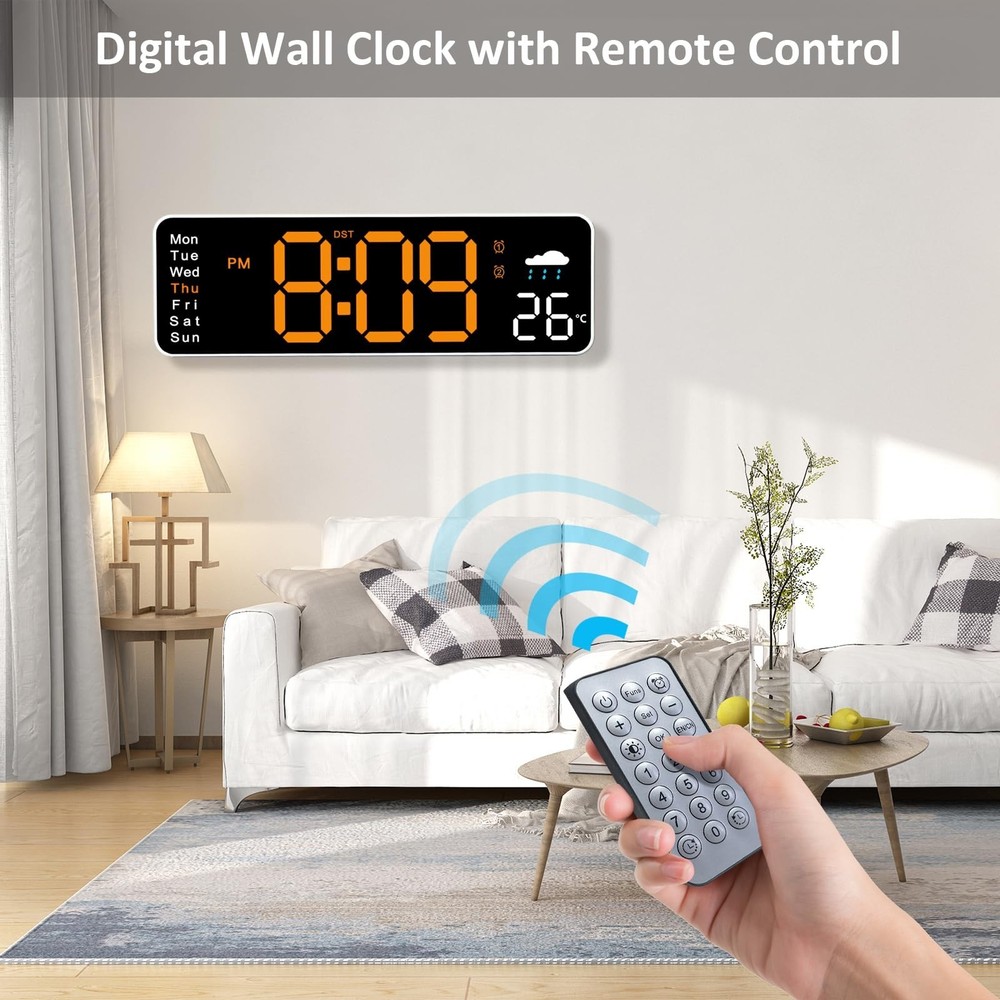 Digital Wall Clock, 12" Digital Clock with Remote Control, Date, Week, Temp, ...