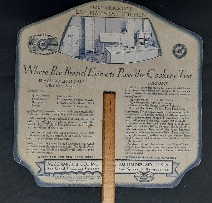 Old Advertising Premium Fan McCormick BEE BRAND Vanilla Baltimore Fondat Walnut