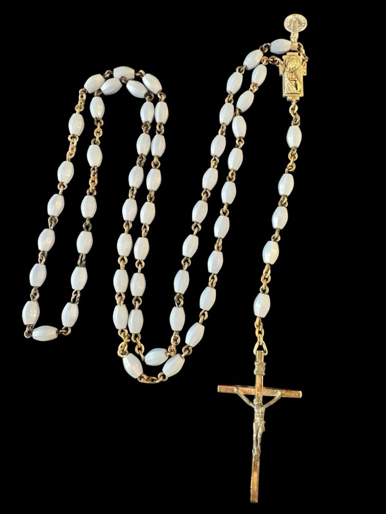 Vintage Rosary Blue Like Chalcedony Beads With Brass Chain Made In Italy 21.5"