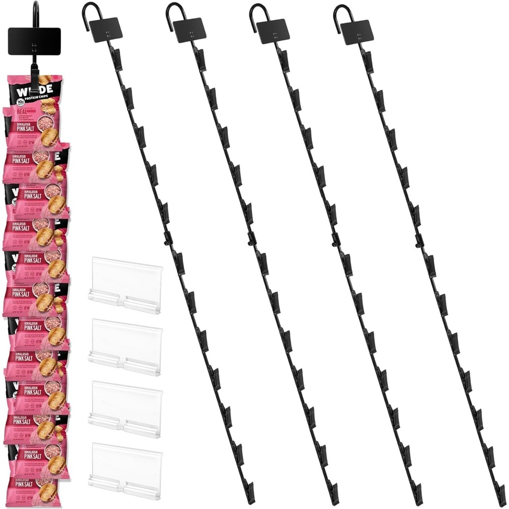 4 PACK Hanging Merchandise Strips With Hooks for Retail Display Snack Organizer