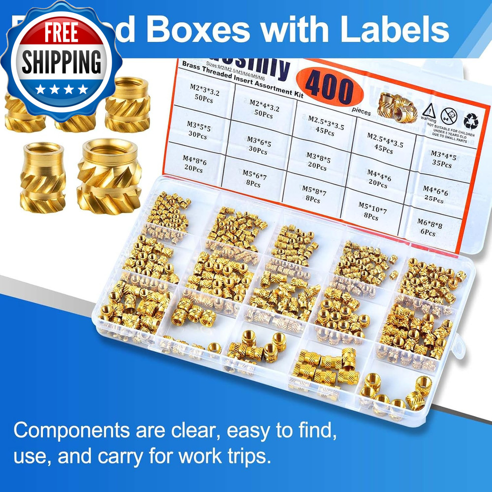 400 Pcs Premium Brass Threaded Inserts Kit M2 M2.5 M3 M4 M5 M6...