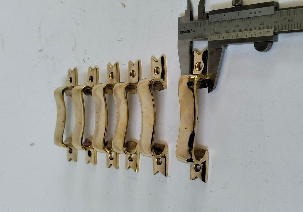 6 PULLS 4" handle heavy ribbon solid heavy brass old style kitchen GRAB 10 cm