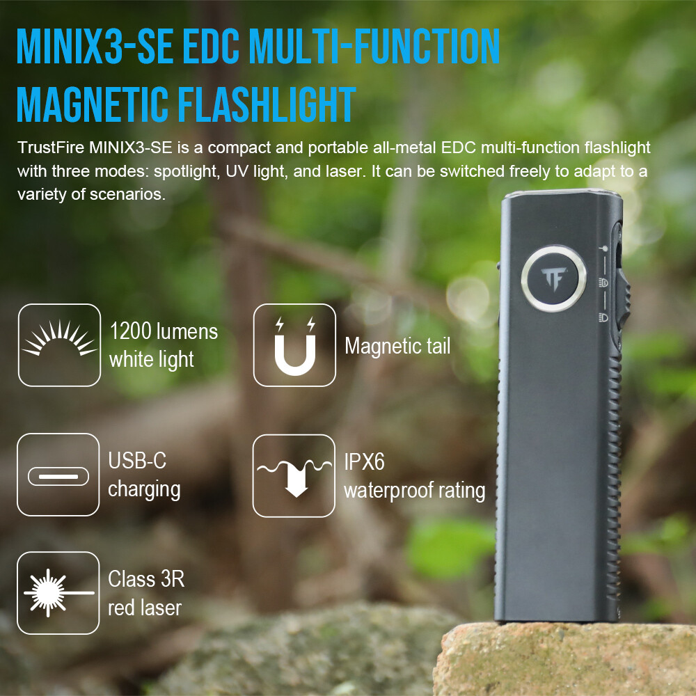Trustfire 1200LM MiniX3-SE Rechargeable Flashlight  White Light UV Pointer BLACK