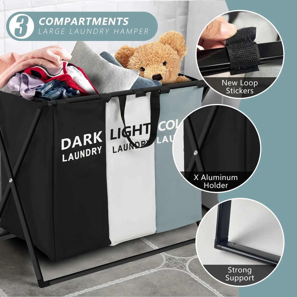 Foldable 3 Section Divided Large Laundry Hamper Basket for Dirty Clothes Storage