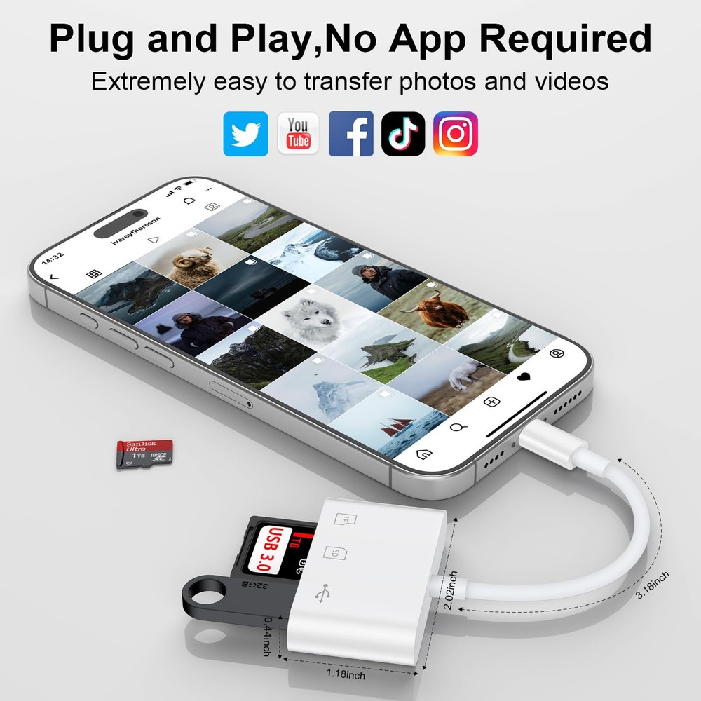 USB C SD Card Reader Digital Camera Adapter for iPhone 17e/16e/16 Pro White