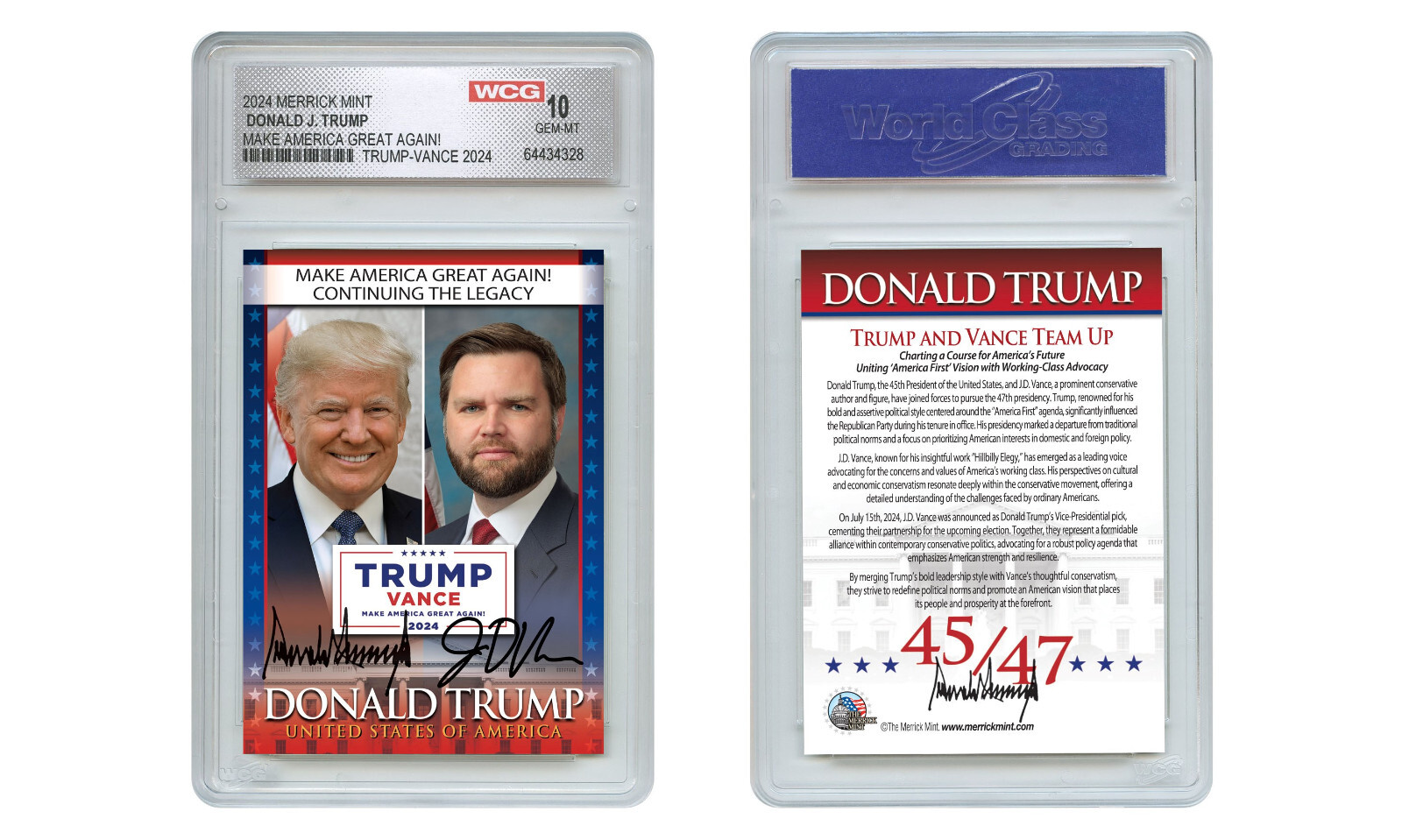 DONALD TRUMP & JD VANCE 2024 President Official Card TRUMP-VANCE - GEM MINT 10