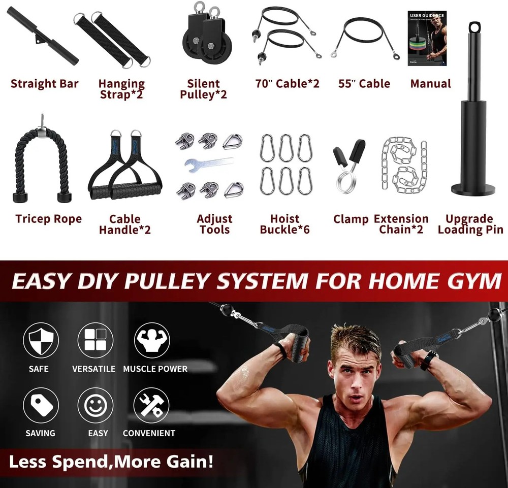 Home Gym Cable Pulley System Pulldown Tricep Bicep Workout Adjustable