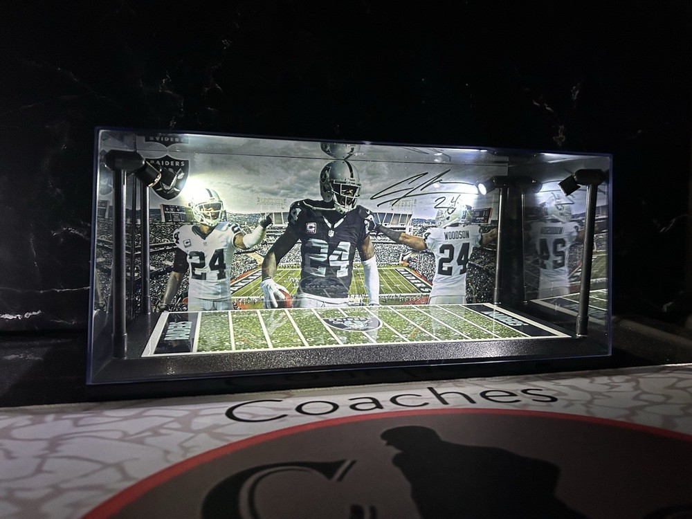 Charles Woodson Custom 2 Mini Helmet display case with LED lights -Raiders