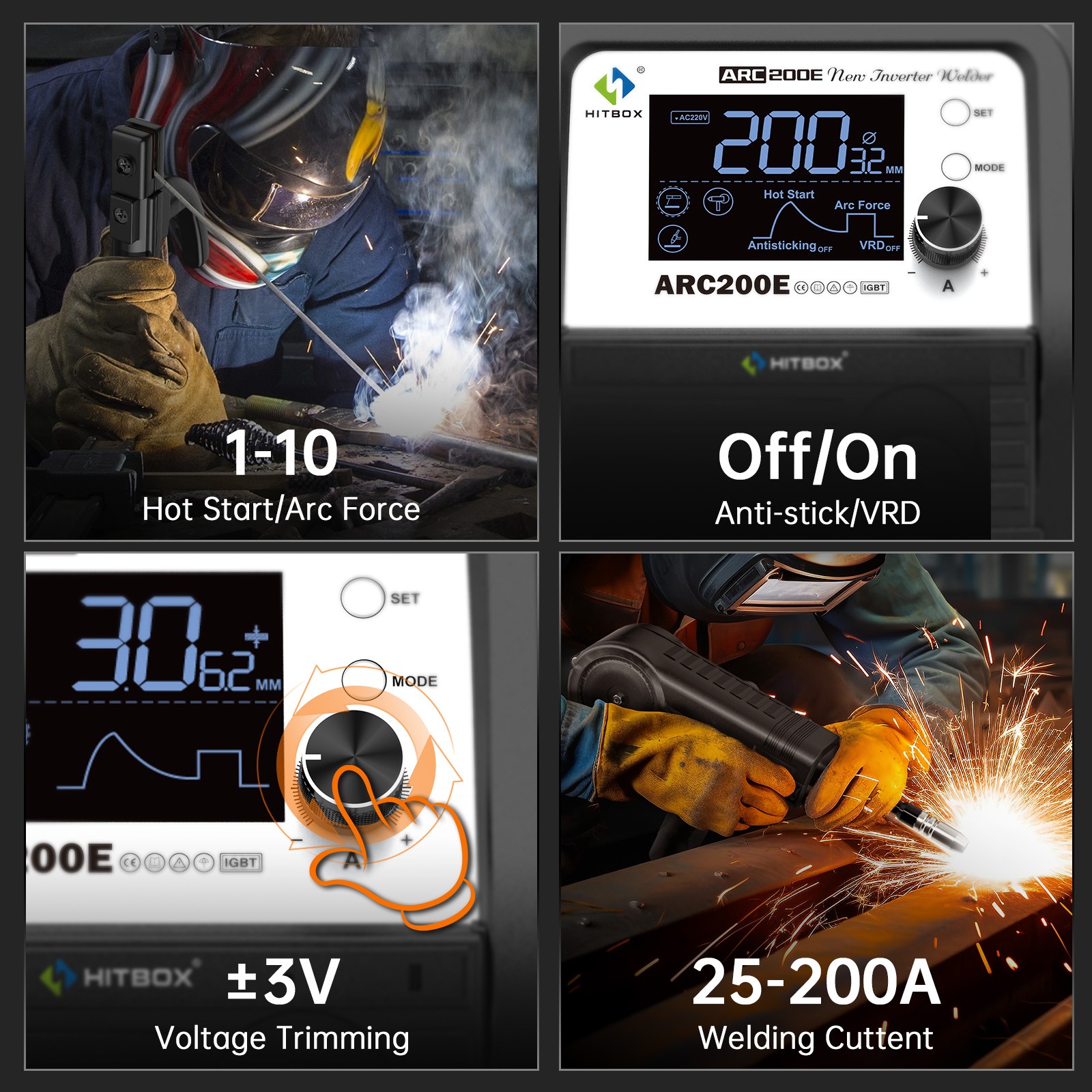 HITBOX 3-in-1 Stick Welder ARC MMA Lift TIG 200A Welding Machine Houeshold