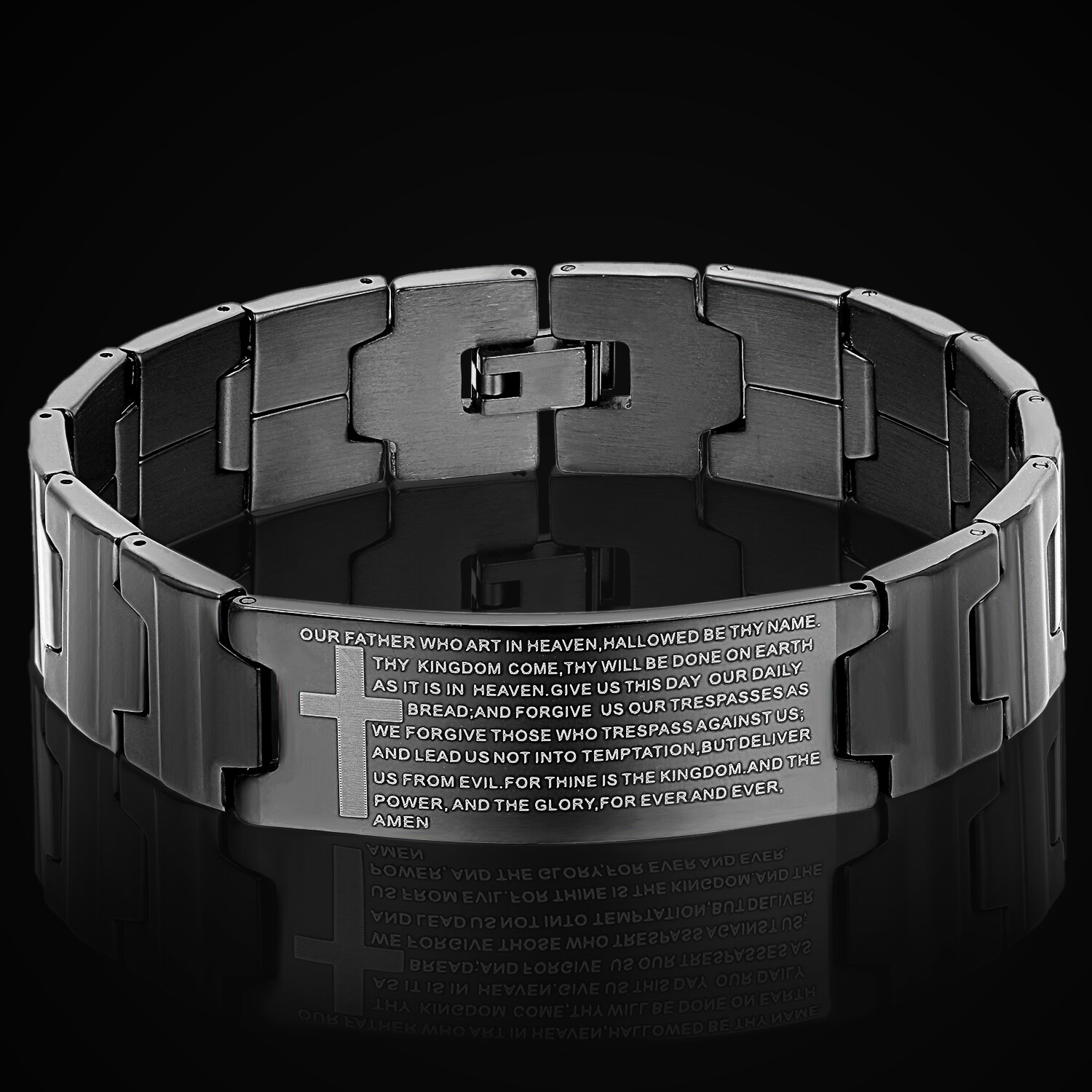 Men Black Stainless Steel Christ Cross English Bible Lords Prayer Chain Bracelet