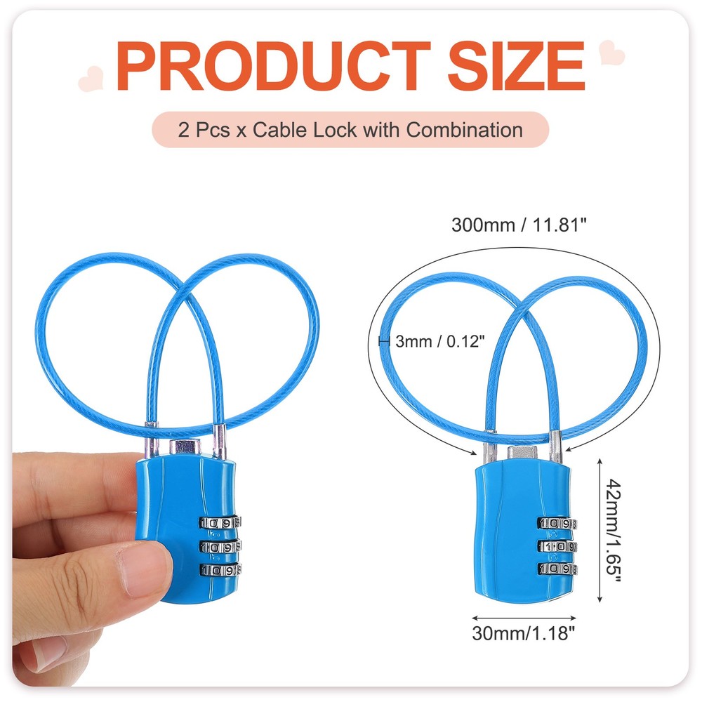2 Pcs 3 Digit Luggage Cable Combination Lock with 12" Long Cable, Blue