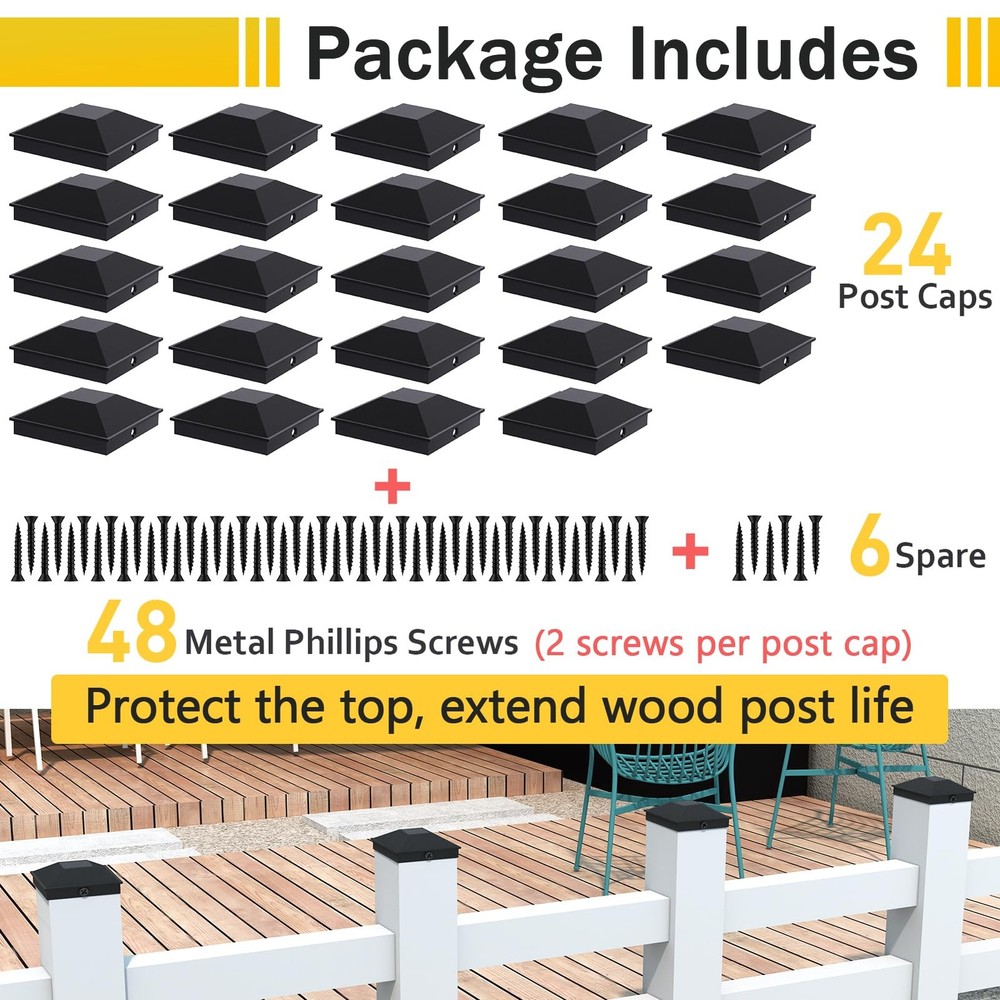 Protect Wood Posts Rain - 24 Black Deck Post Caps 4x4