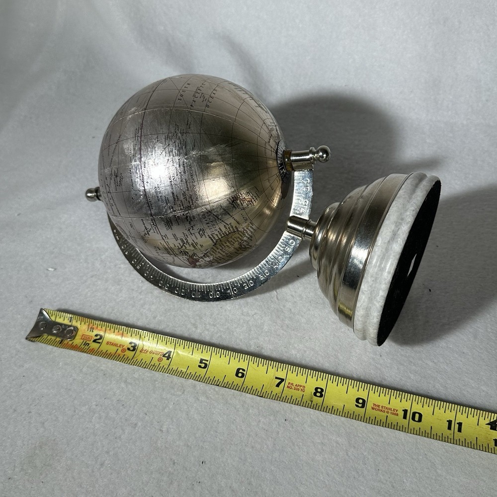 Small 9” Silver Globe Spins On Axis with Base