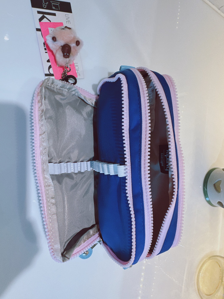 NEW Kipling Gitroy Pencil Case Cosmetic Case Blush blue Monkey Charm