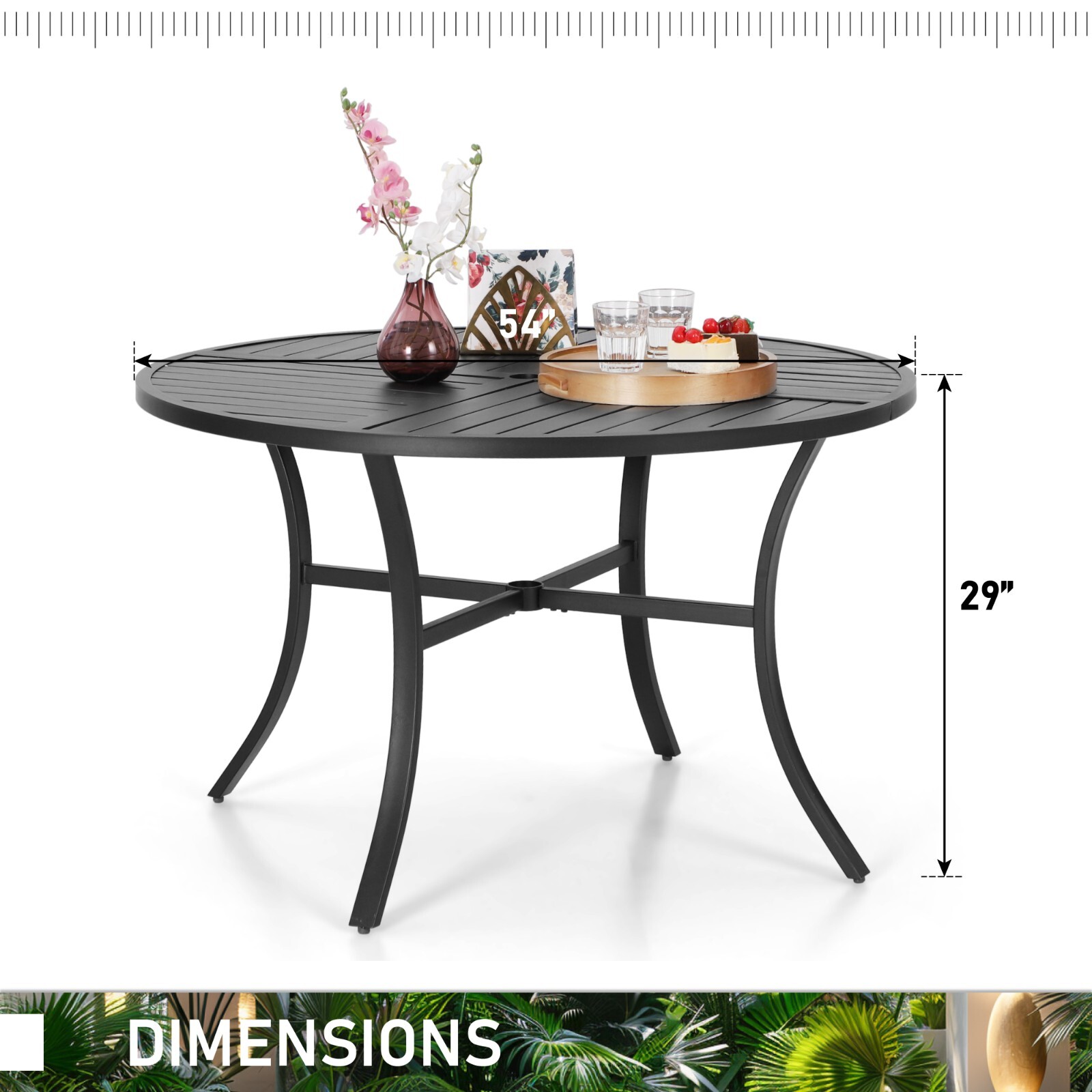 54" Outdoor Dining Table Metal Steel Slat Round Patio Table with Umbrella Hole