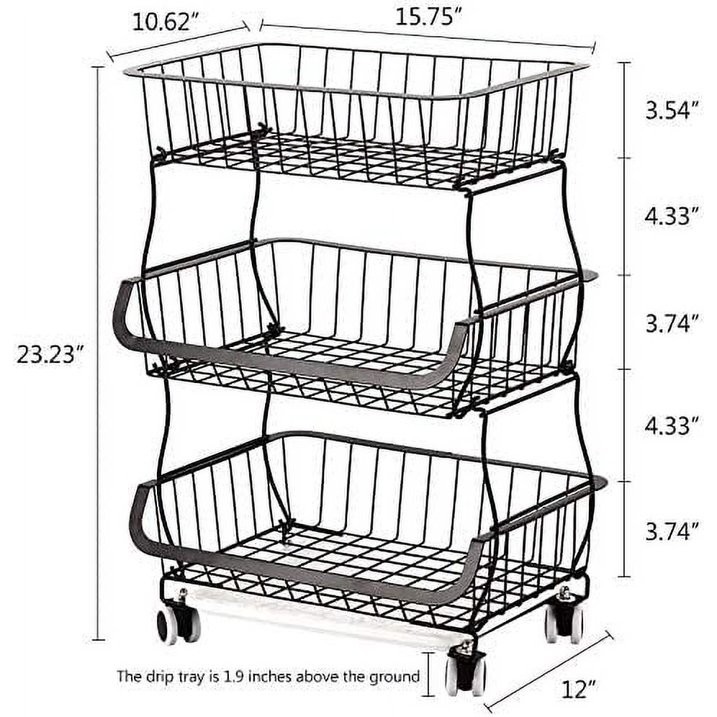3 Tier Stackable Metal Wire Basket Cart with Rolling Wheels Storage Baskets