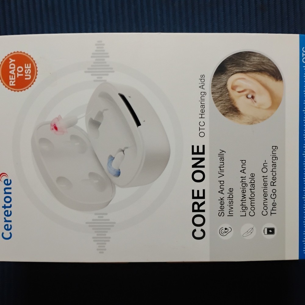 Ceretone Core One OTC Rechargeable CIC Hearing Aids, White, Case & Tips