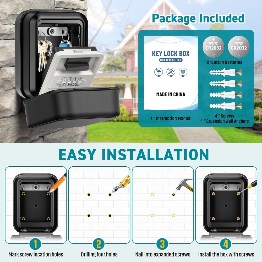 Key Lock Box, Waterproof Wall Mount Lock Box for Keys with Code, 4 Digit Comb...