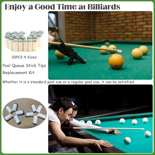 20pcs Slip On Pool Cue Tips, 4 Sizes Pool Queue Stick Tips Replacement Kit,