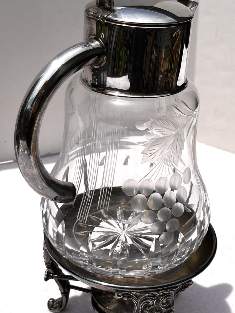Vintage Cut Glass Pitcher Silverplate Stand Burner Grapes Pattern 11” Great