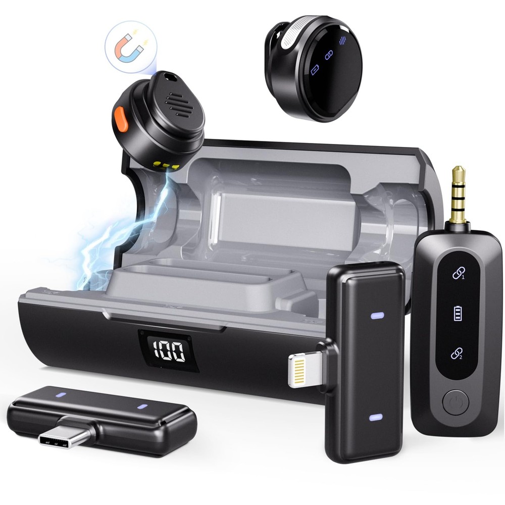 Wireless Lavalier Microphone 3-in-1 Set for iPhone/Android//Laptop/PC, 48H Vi...