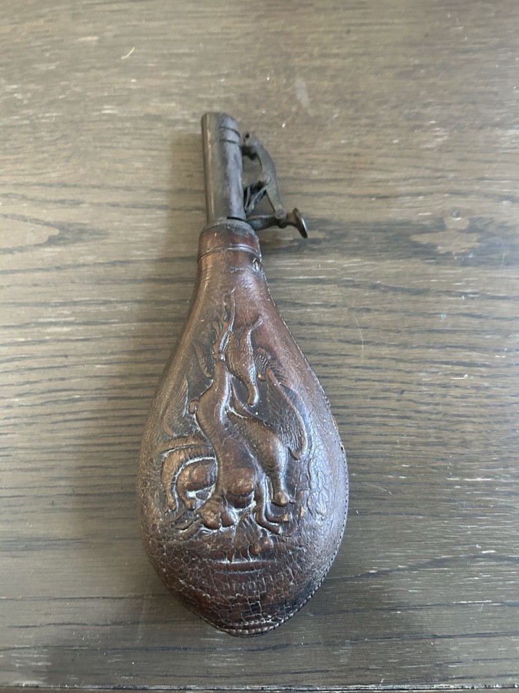 Vintage Powder Flask Brass & Leather Embossed for Muzzleloader Black Powder