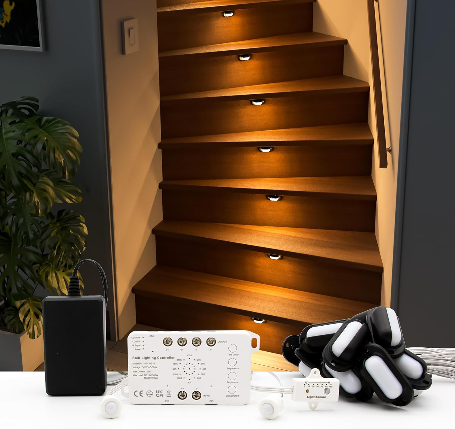 16-Step Motion Sensor Stair Lights - Dimmable 3000K LED Kit w/Day/Night Mode