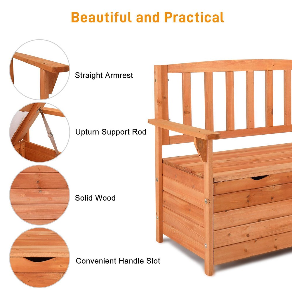 Yard Storage Bench Deck Box Wood Seating Container Tools Toys with Backrest