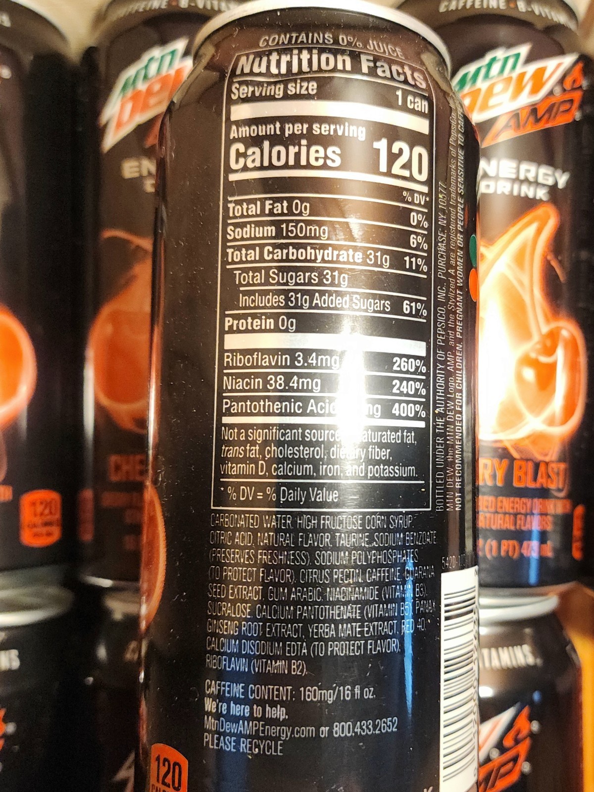 (14 Cans) Mountain Dew Amp Energy Cherry Blast 16 oz Unopened Can MTN